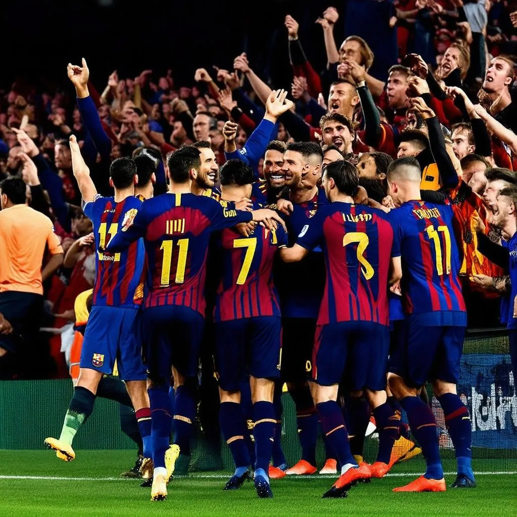 Cầu thủ Barca ăn mừng bàn thắng