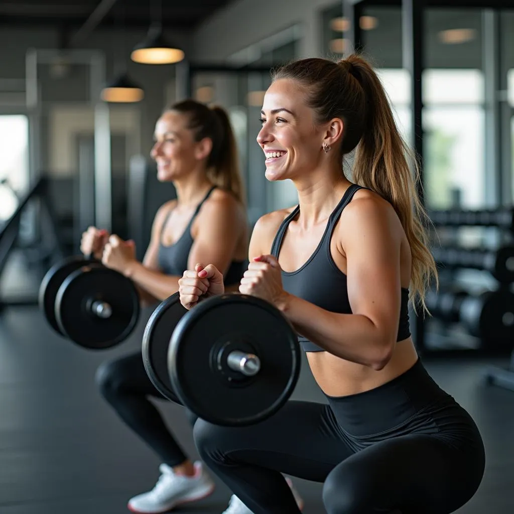 Hai cô gái tập gym với nhau