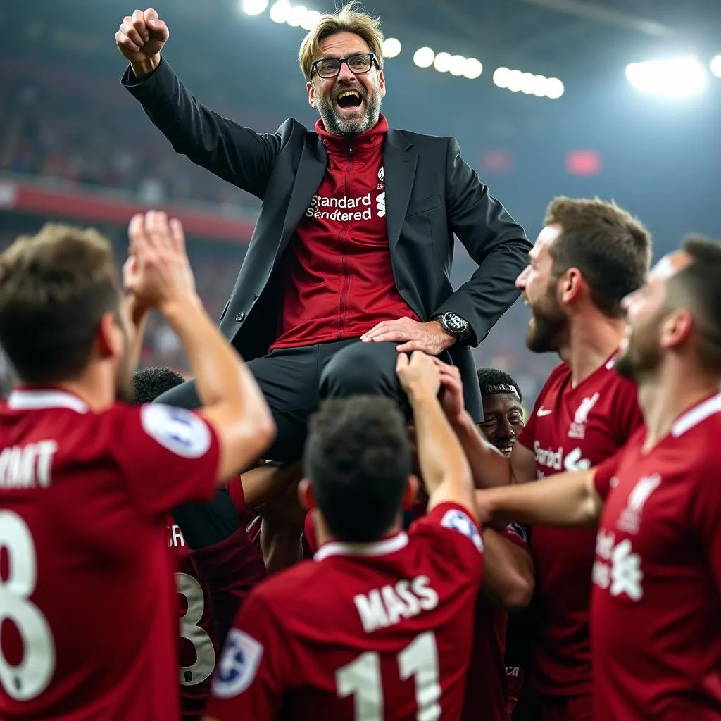 HLV Jurgen Klopp ăn mừng chiến thắng cùng các cầu thủ Liverpool