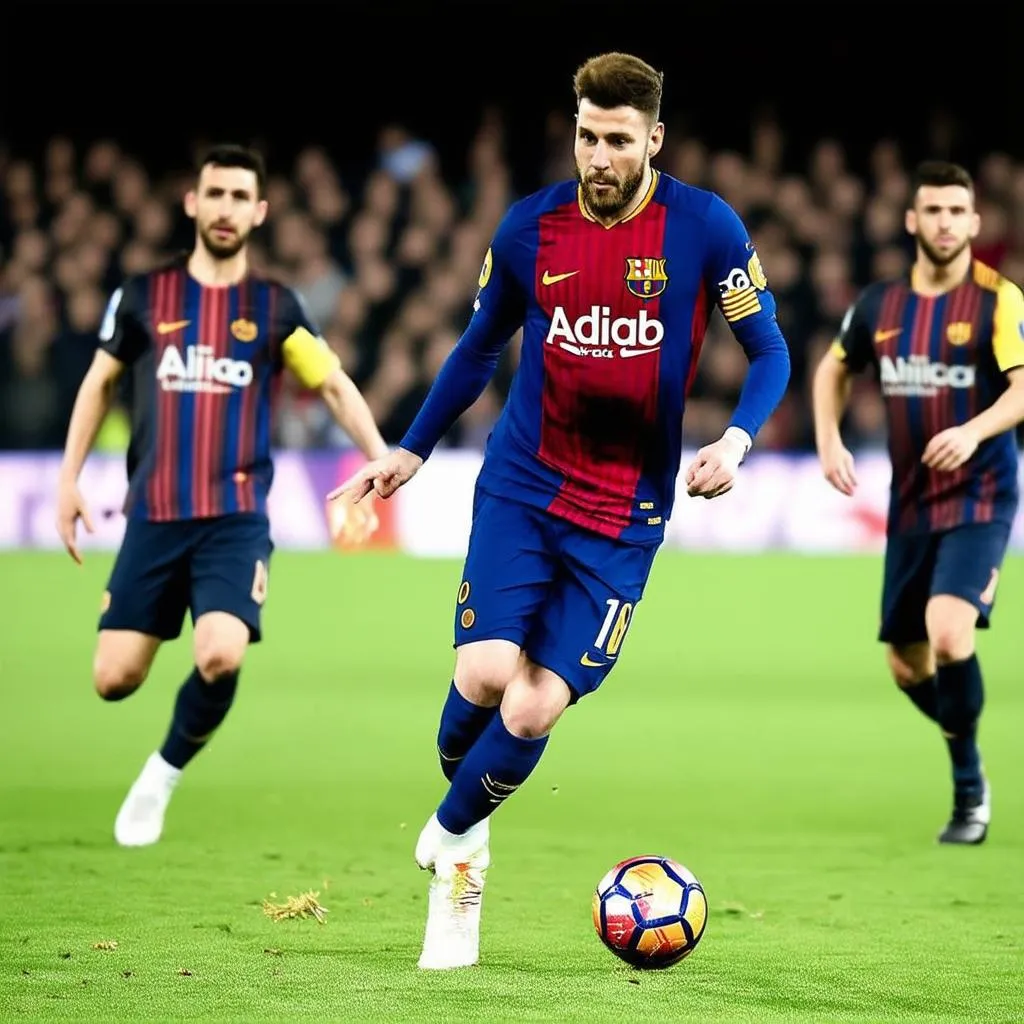 Lionel Messi rê bóng qua hậu vệ đối phương