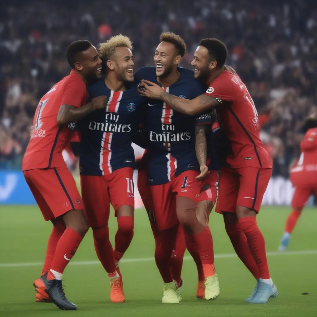 Neymar celebrating a goal with his teammates