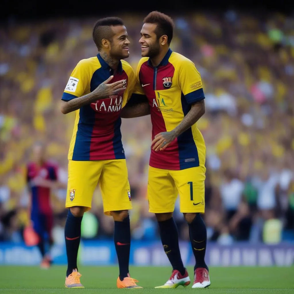 Neymar và Dani Alves cùng ăn mừng bàn thắng