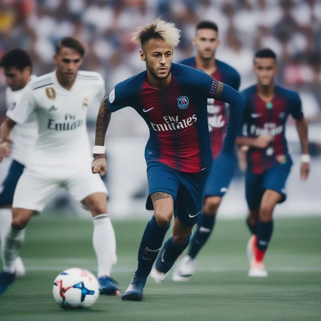 Neymar rê bóng qua 3 cầu thủ Real Madrid