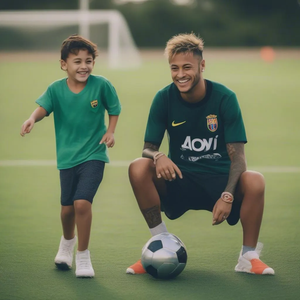 Neymar Fils và Neymar Jr cùng tập luyện bóng đá