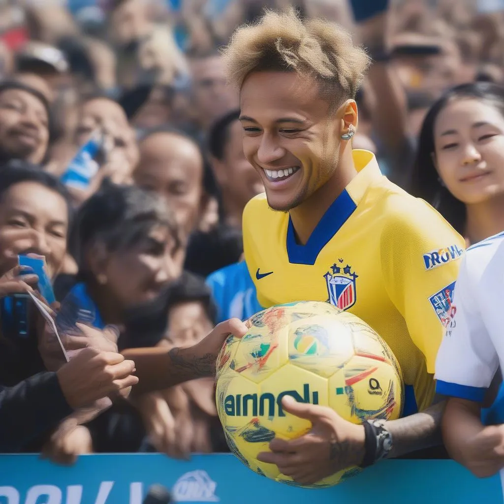 Neymar ký tên trên quả bóng đá