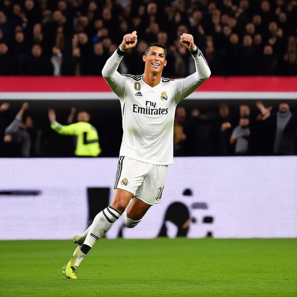 Ronaldo ăn mừng bàn thắng trong màu áo Real Madrid