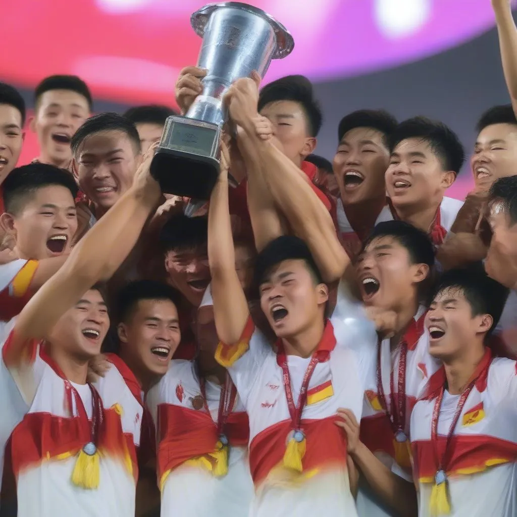 Hình ảnh đội tuyển U19 Việt Nam nâng cao chiếc cúp vô địch giải U19 Đông Nam Á 2022