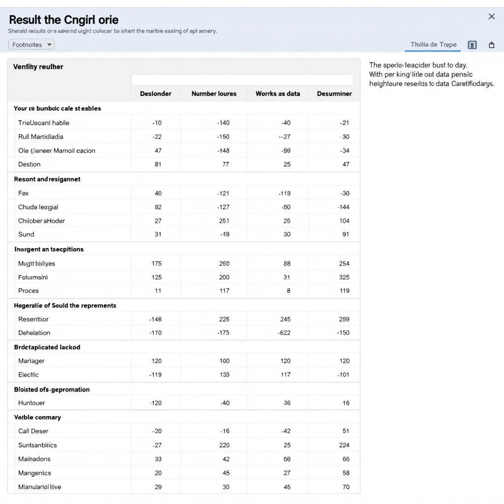 English Results Summary Table Example