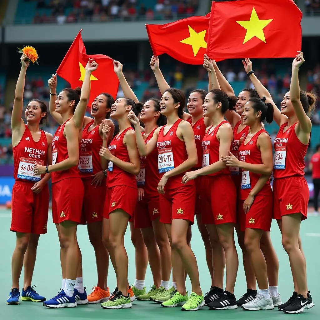 Các vận động viên Việt Nam mừng chiến thắng tại SEA Games 29