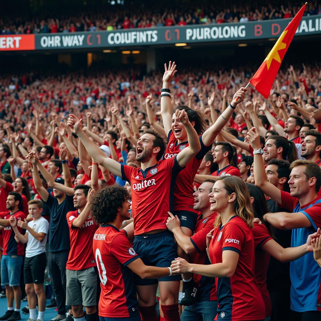 Football fans celebrating a goal