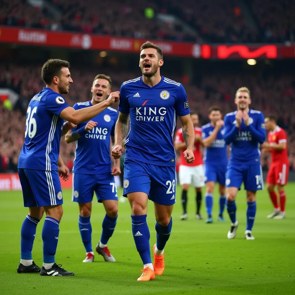 Cầu thủ Leicester ăn mừng chiến thắng trên sân Old Trafford