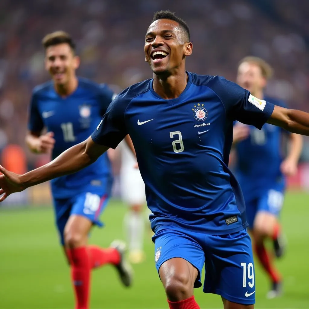 Kylian Mbappe ăn mừng bàn thắng cùng đồng đội