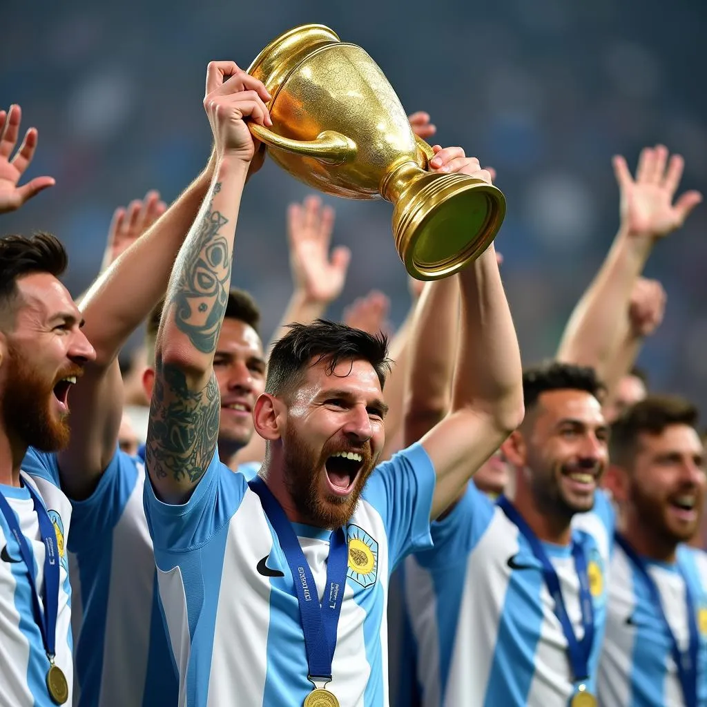 Messi cùng đồng đội nâng cao chiếc cup Copa America