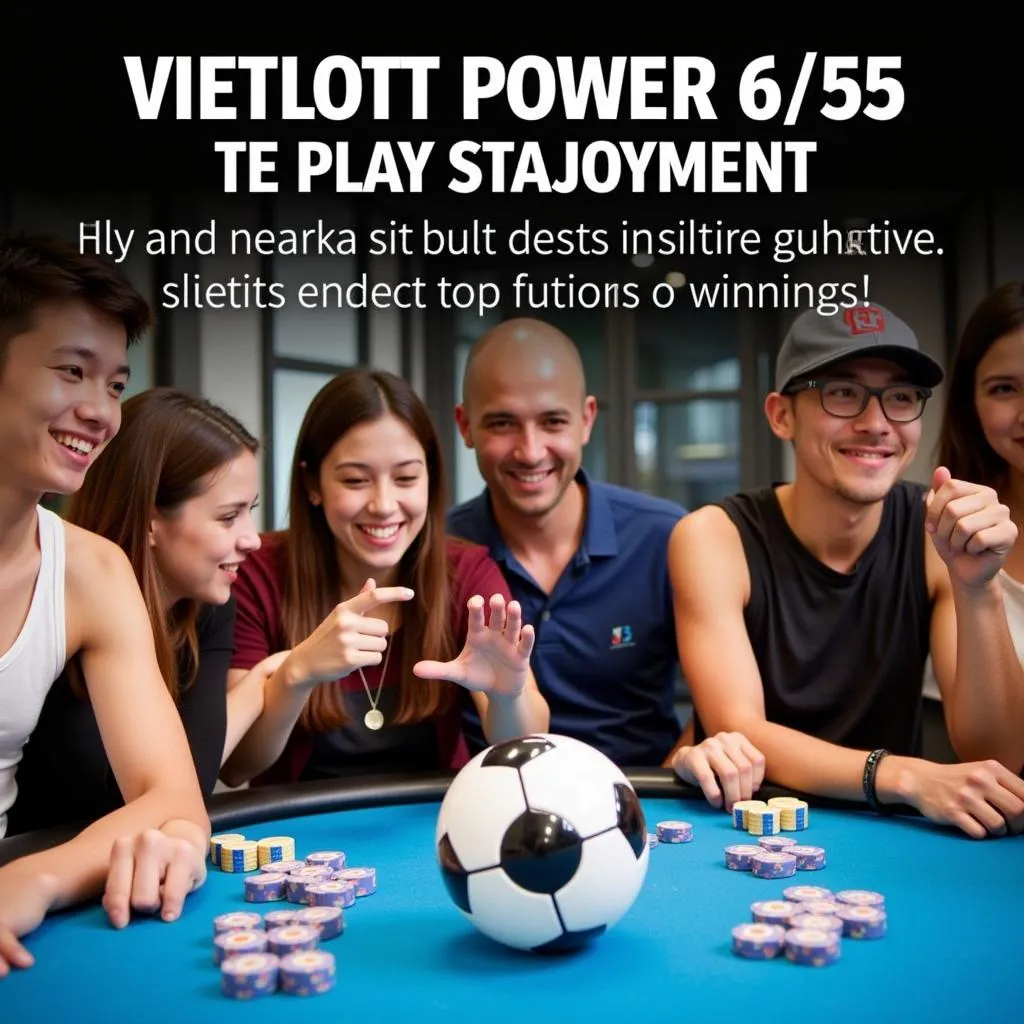 A group of people gathered together, laughing and enjoying themselves while playing Vietlott Power 6/55. They are holding lottery tickets and talking about their lucky numbers. The atmosphere is lighthearted and fun.