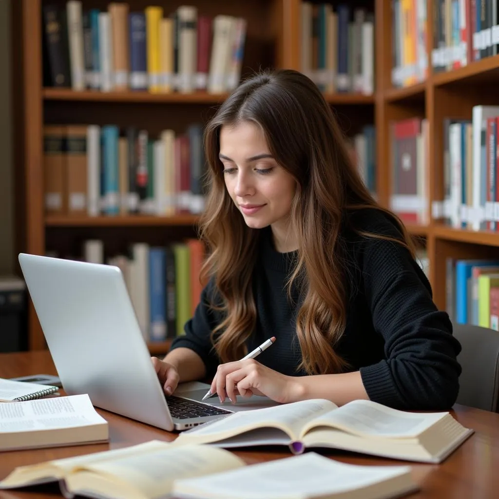 Female student studying at the library