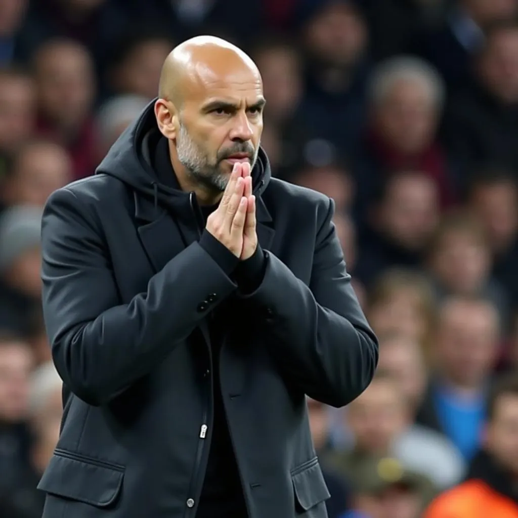 Pep Guardiola ôm đầu đầy thất vọng sau khi Man City bị gỡ hòa ở phút bù giờ