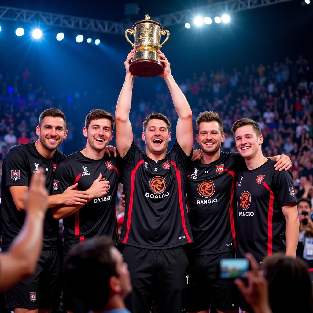 RNG team lifting the MSI 2018 trophy