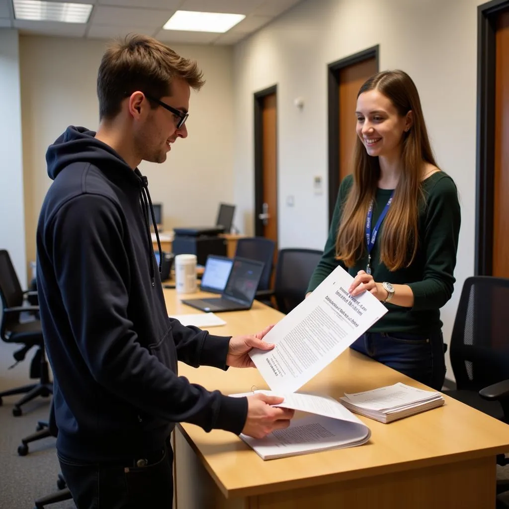 Student submitting documents at the registrar's office