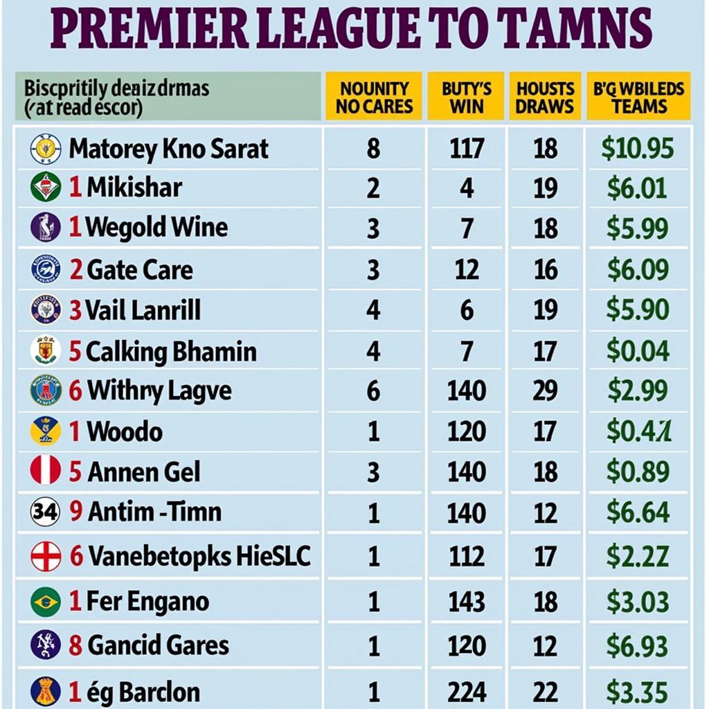 Bảng điểm bóng đá Anh Premier League