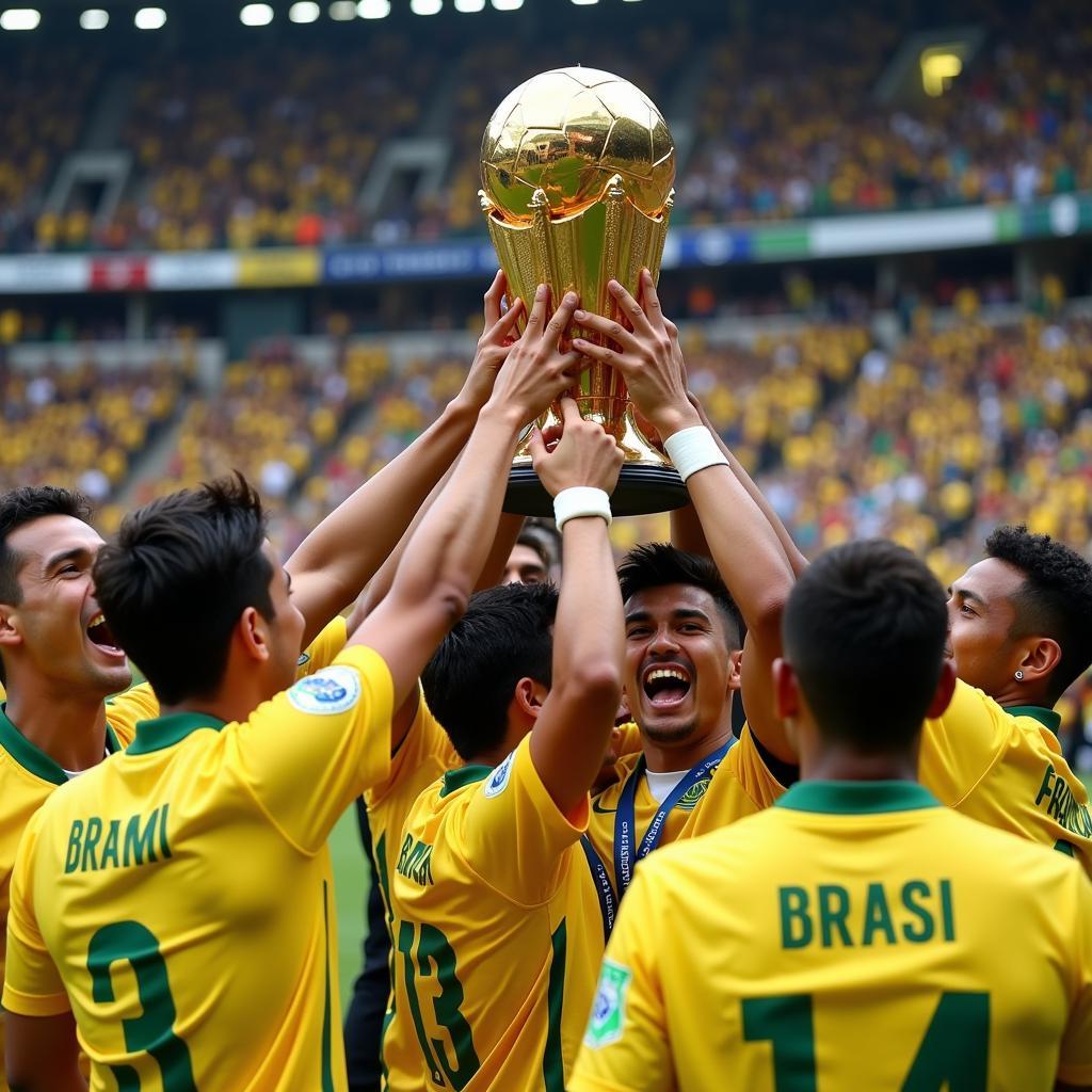 Các cầu thủ Brazil nâng cao chiếc cup Copa America 2019