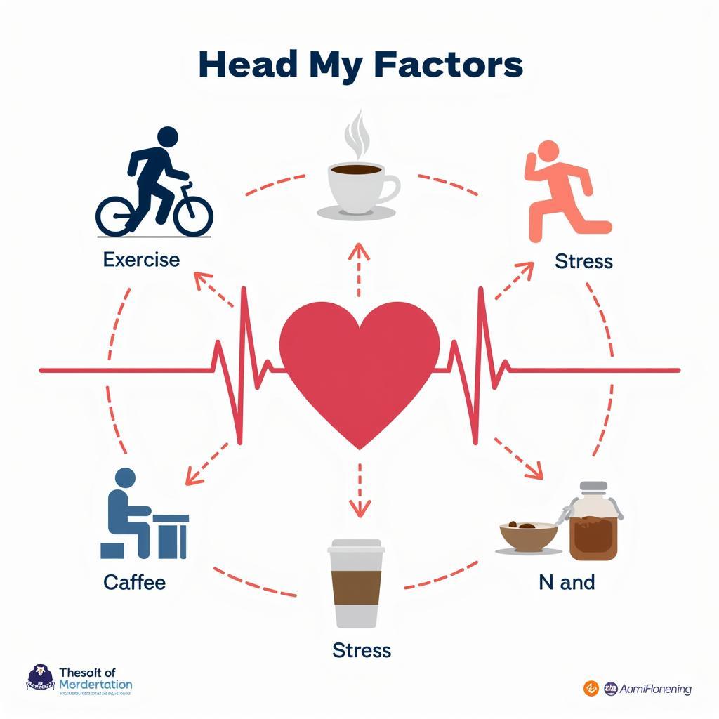 Các yếu tố ảnh hưởng đến nhịp tim: Hình ảnh minh họa các yếu tố như tập thể dục, căng thẳng, caffeine và thuốc men ảnh hưởng đến nhịp tim.