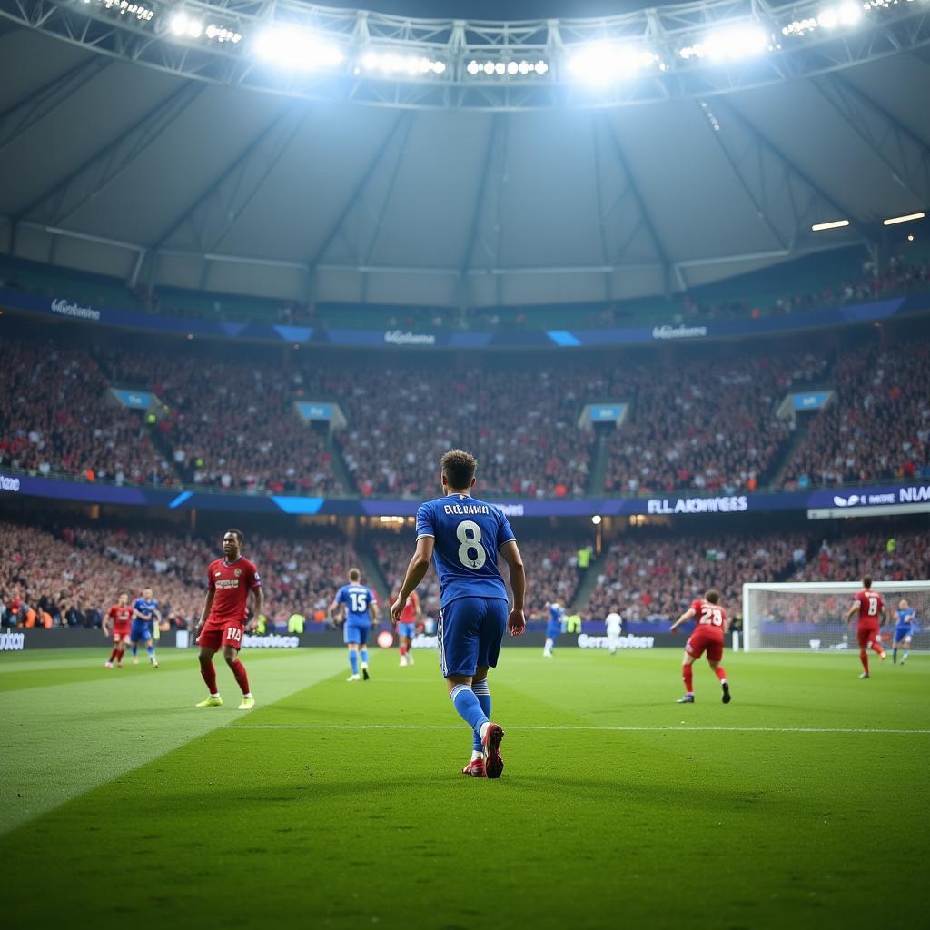 Opportunities for Smaller Teams: An image of a small football team celebrating a goal against a backdrop of a large stadium, symbolizing the opportunities smaller teams have to make a name for themselves in big tournaments like the Champions League.