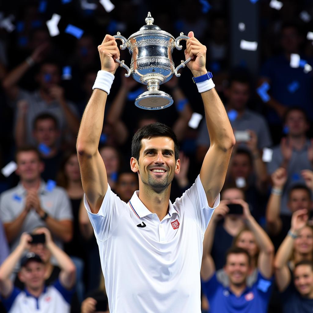 Djokovic nâng cao chiếc cúp vô địch Australian Open 2021 đầy tự hào.