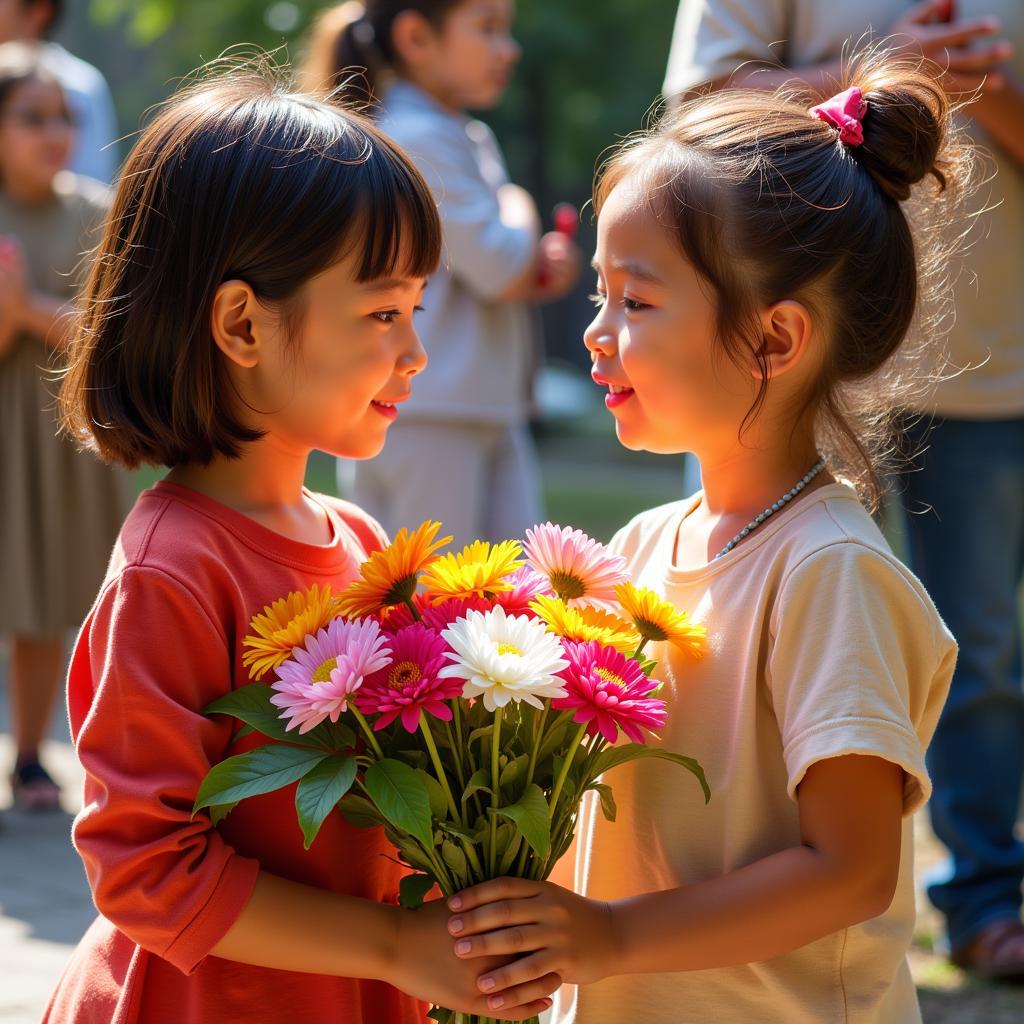 Trẻ em tham gia dâng hoa lên Bác