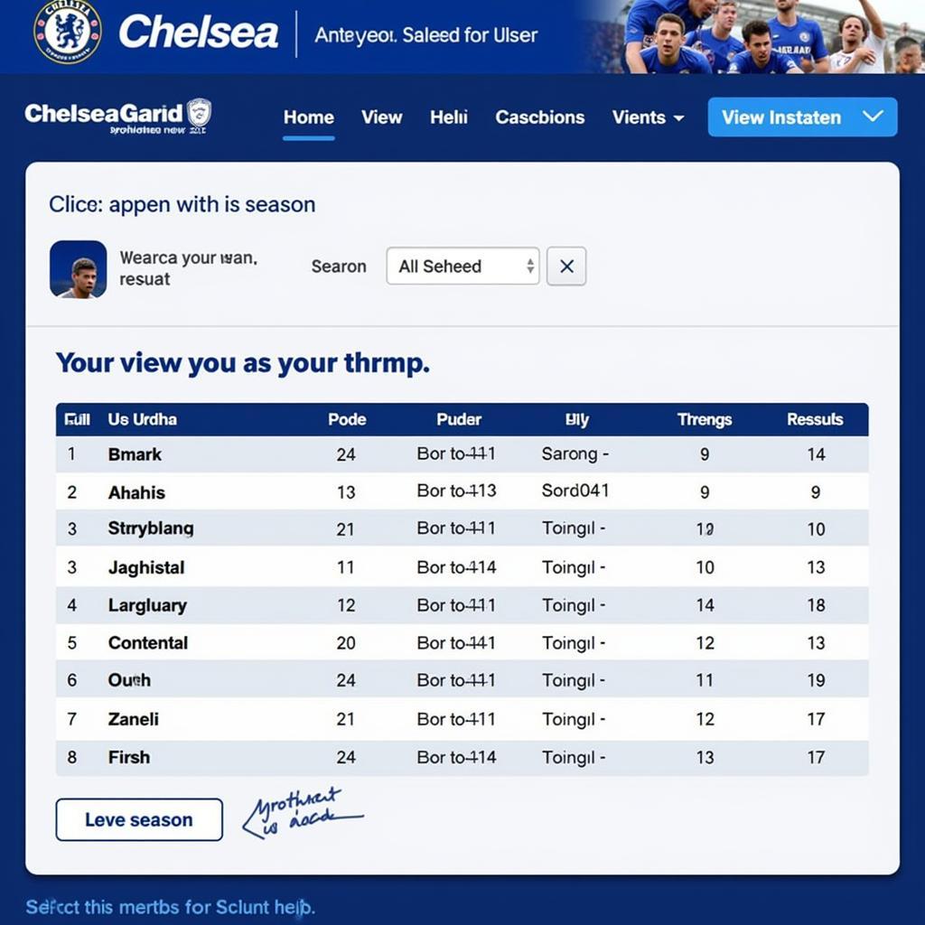 Tìm kiếm kết quả bóng đá Chelsea theo mùa giải: hình ảnh minh họa giao diện website cho phép người dùng lựa chọn mùa giải và xem kết quả các trận đấu của Chelsea.