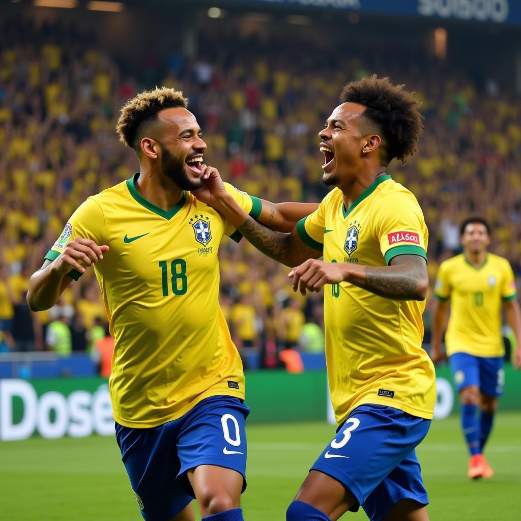 Neymar và Marcelo ăn mừng bàn thắng trong màu áo Selecao