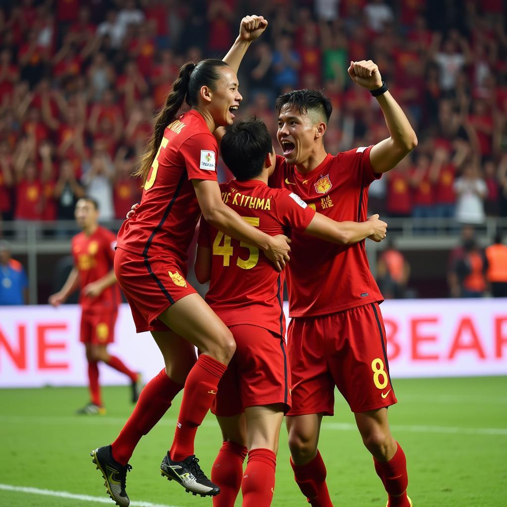 Vietnamese players celebrate a goal against South Korea