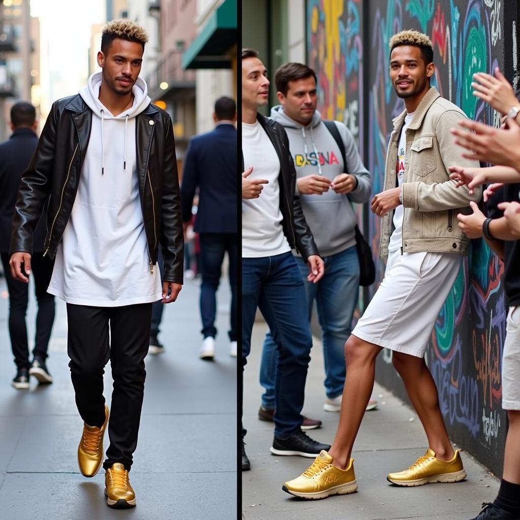 Neymar Jr. sporting golden sneakers with a casual outfit, demonstrating his off-field fashion sense.