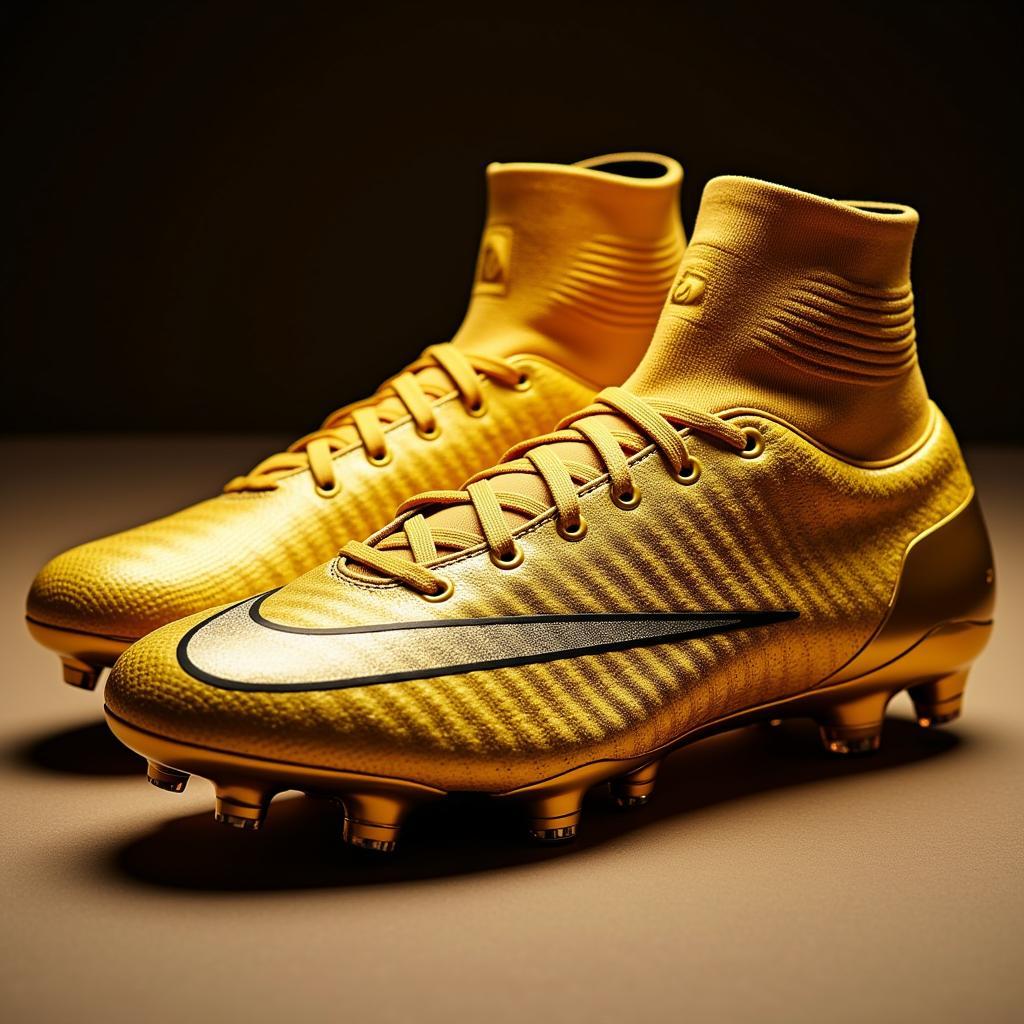 Close-up of Neymar's signature Nike golden boots, highlighting the design details and Nike branding.