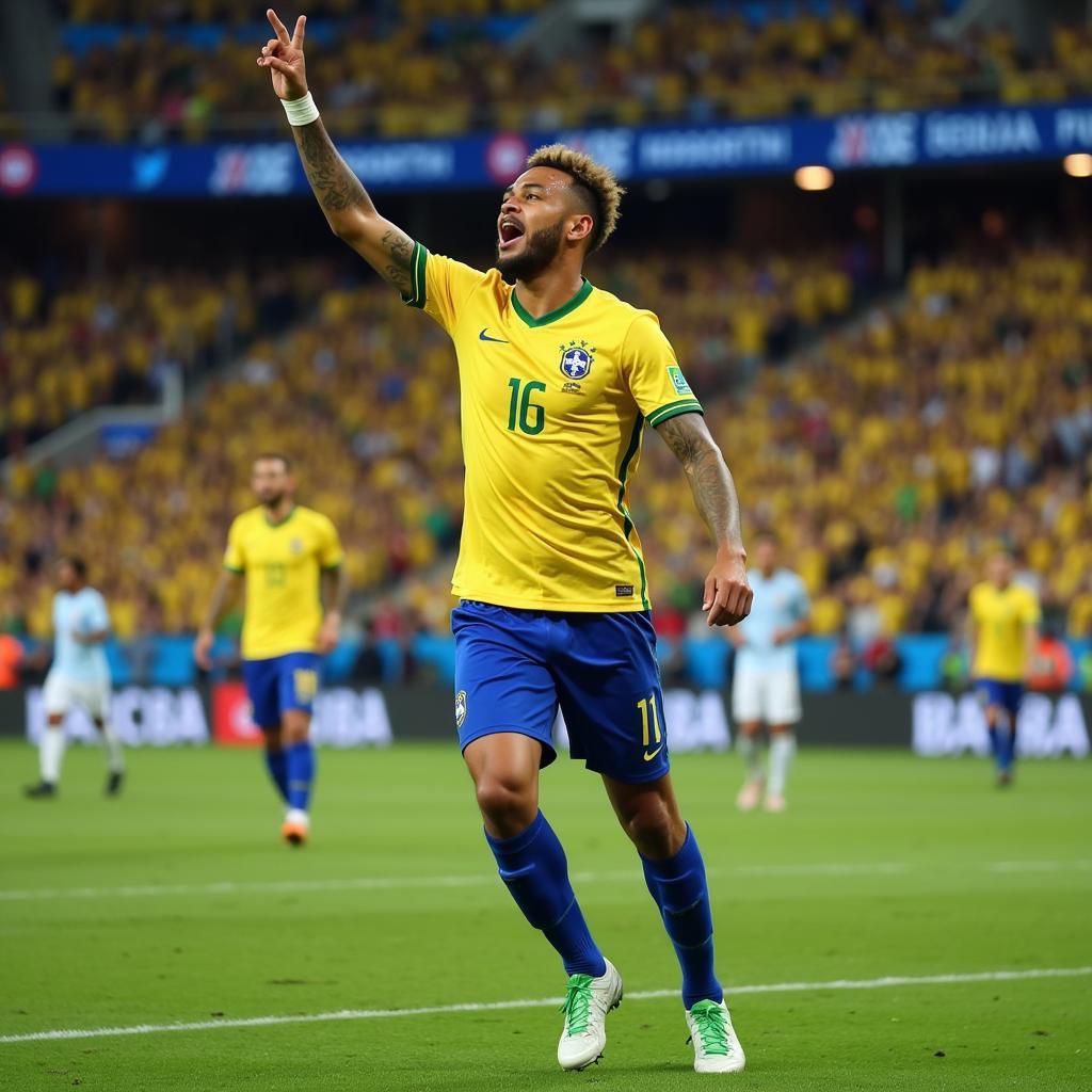 Neymar ăn mừng bàn thắng trong màu áo đội tuyển Brazil