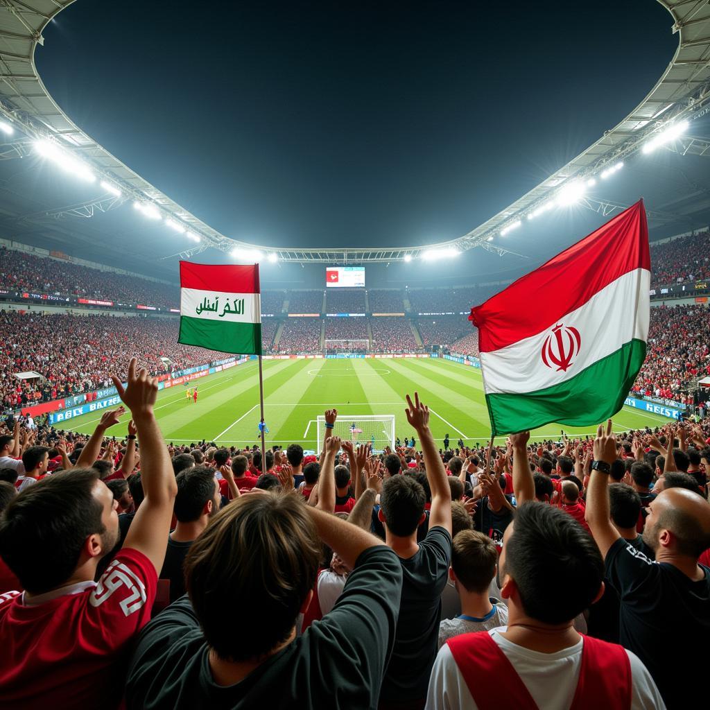 Cảnh khán giả cuồng nhiệt trên khán đài trong trận đấu Iran vs Iraq