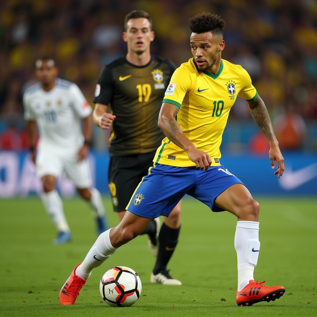 Neymar demonstrating exceptional dribbling skills while playing for Brazil