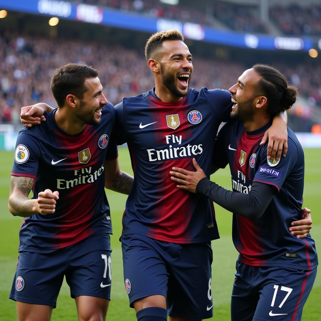 Neymar Jr ăn mừng bàn thắng cùng đồng đội PSG