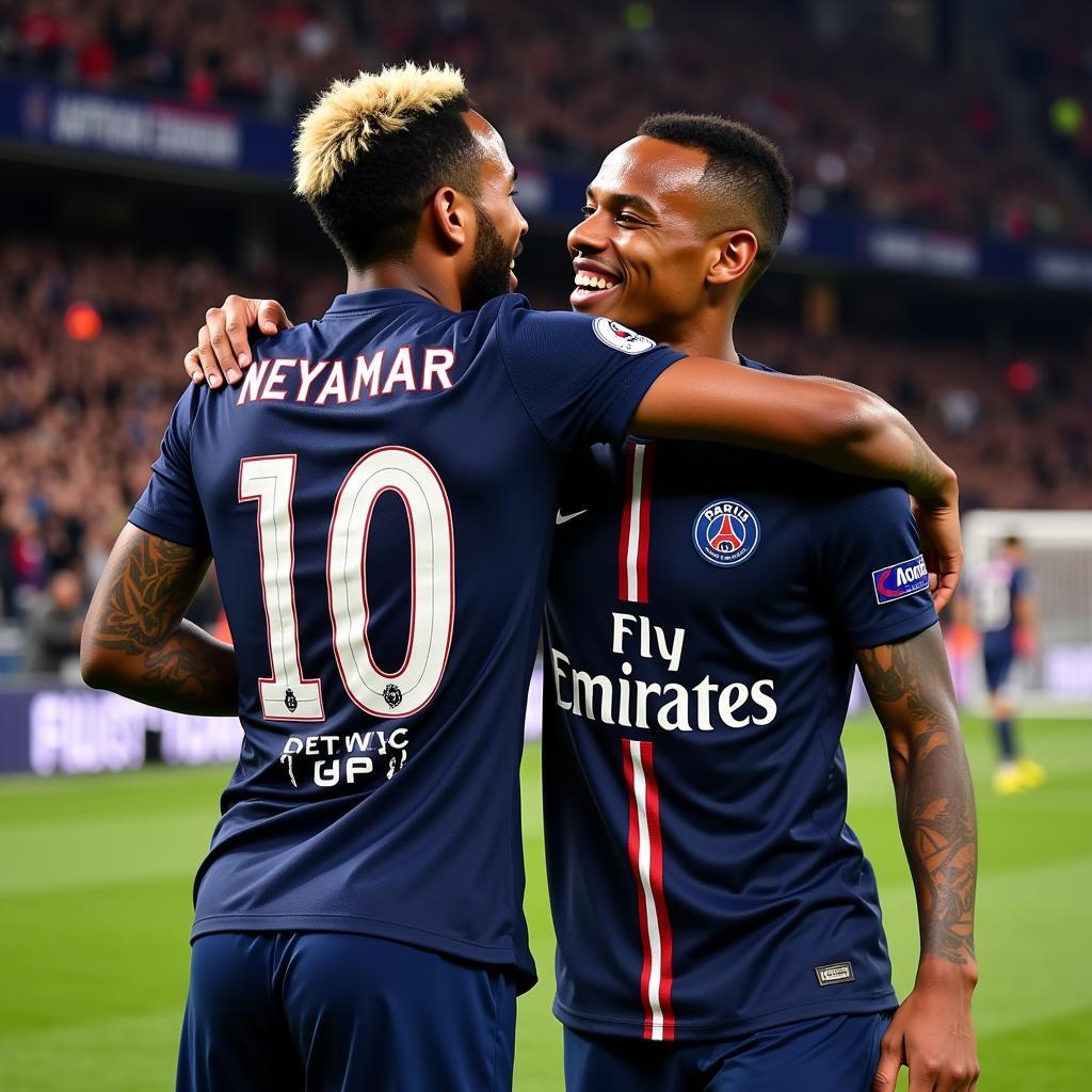 Neymar and Mbappe celebrating a goal for PSG