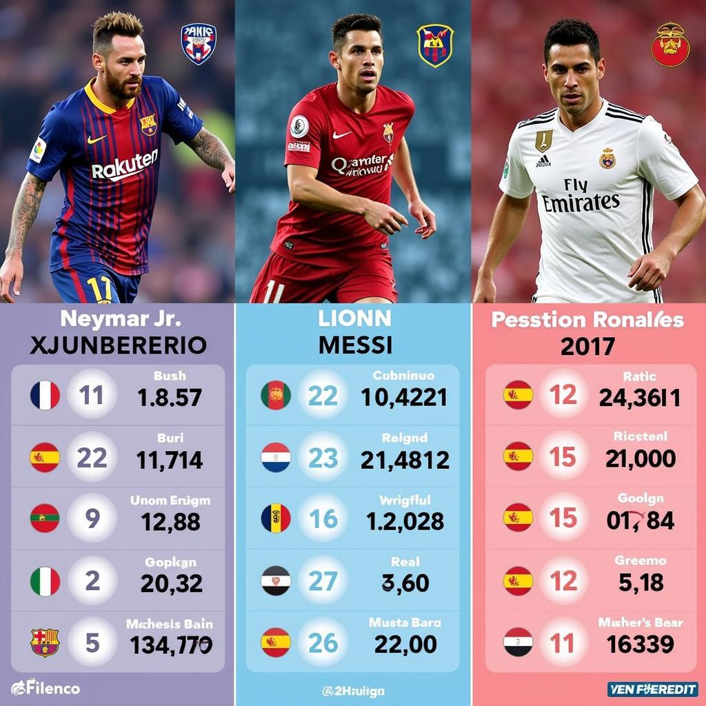 So sánh Neymar, Messi và Ronaldo năm 2017