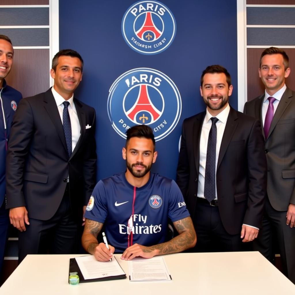 Neymar signing the PSG contract during the official ceremony