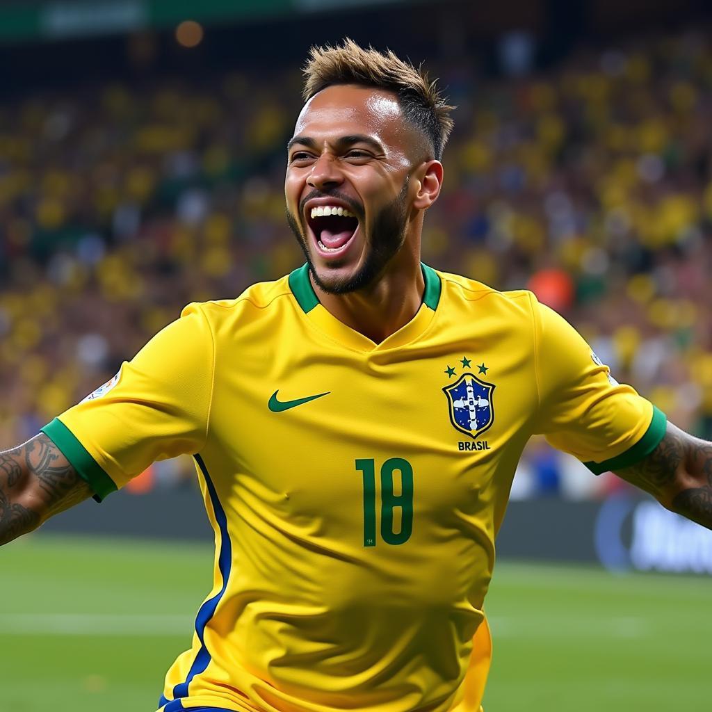 Neymar celebrating a goal for Brazil in the yellow jersey.