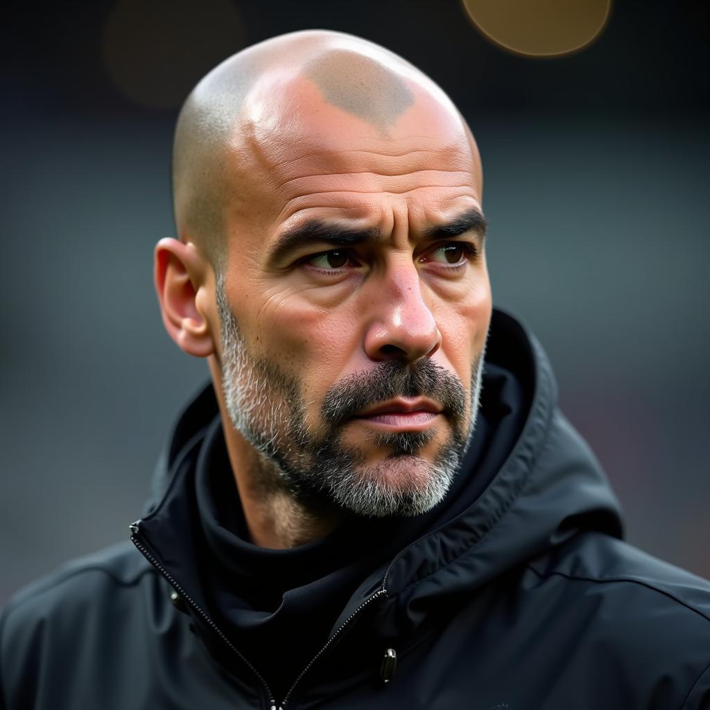 Pep Guardiola với vẻ mặt nghiêm khắc