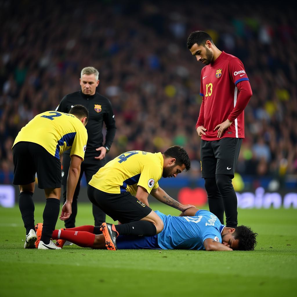 Neymar suffering an injury during a match, receiving medical attention.