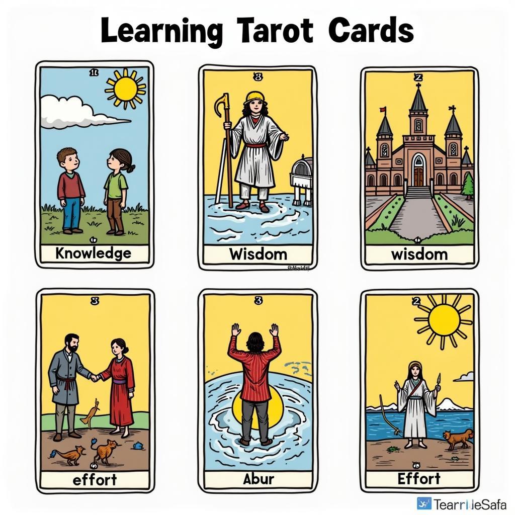 Ý Nghĩa Lá Bài Tarot Trong Học Tập - Hình ảnh minh họa các lá bài tarot và những từ khóa liên quan đến học tập như "kiến thức," "trí tuệ," "nỗ lực."