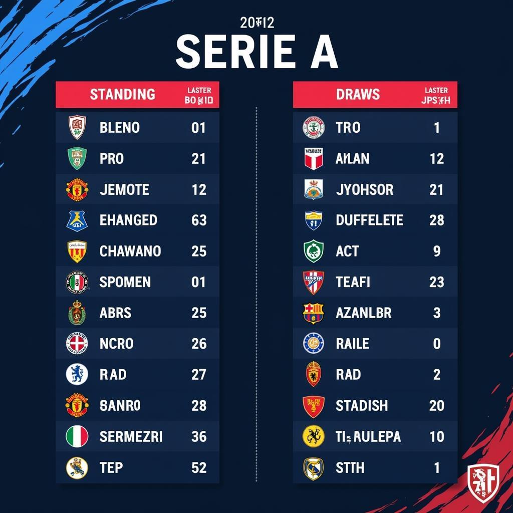 Bảng xếp hạng Serie A cập nhật mới nhất, thể hiện vị trí các đội bóng, số điểm, số trận thắng, thua, hòa.