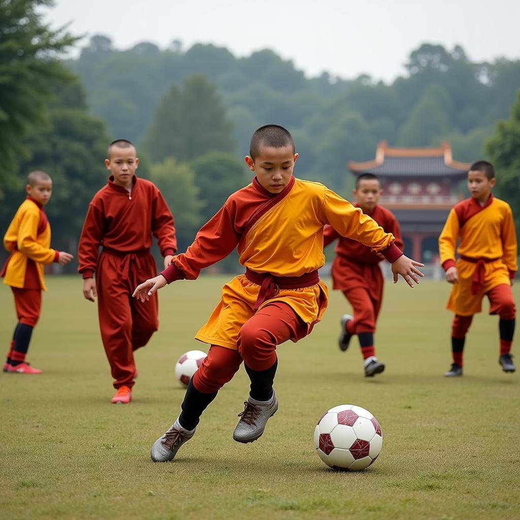 Đội Bóng Thiếu Lâm Nhí tập luyện kungfu bóng đá