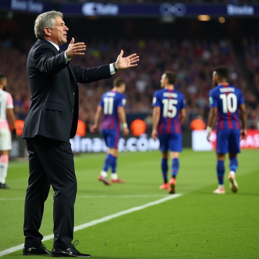 Champions League Coach - A coach giving instructions to his players during a Champions League match.