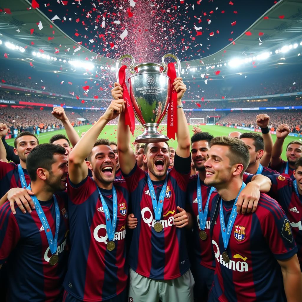 Champions League Final Celebration - Players celebrating a victory in the Champions League final, raising the trophy and cheering with fans.