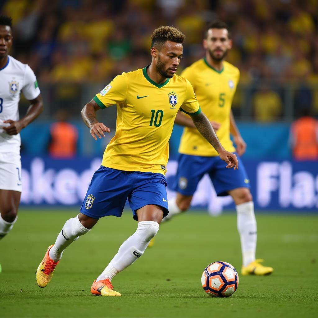 Neymar in action for Brazil during a World Cup match.