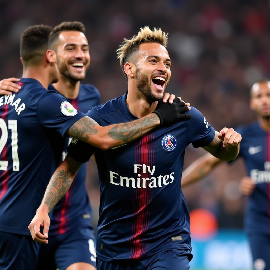 Neymar trong màu áo PSG ăn mừng bàn thắng